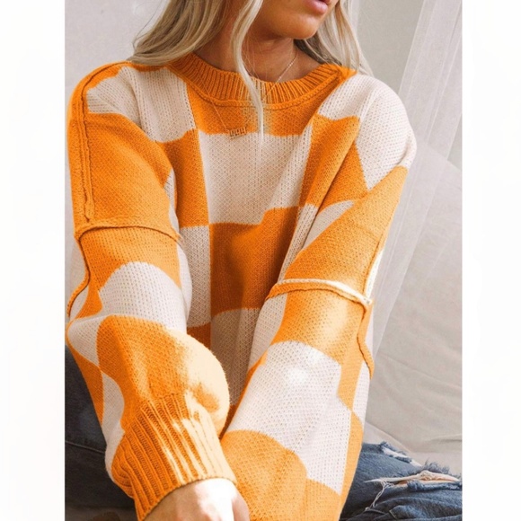 Checkers Orange White Oversized Knit Pullover Sweater - Picture 3 of 13